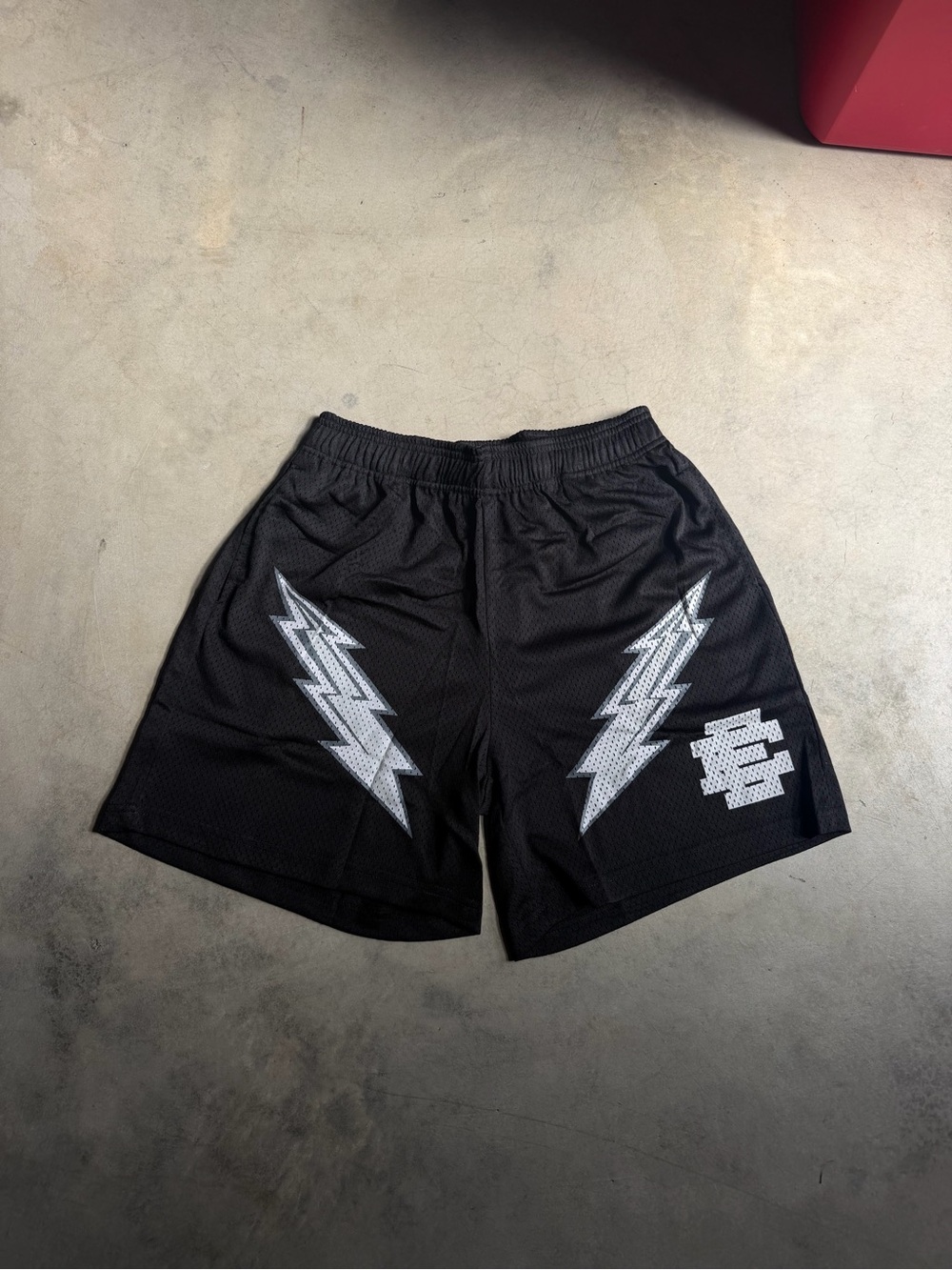 Black EE Silver Lightning Bolt Mesh Shorts